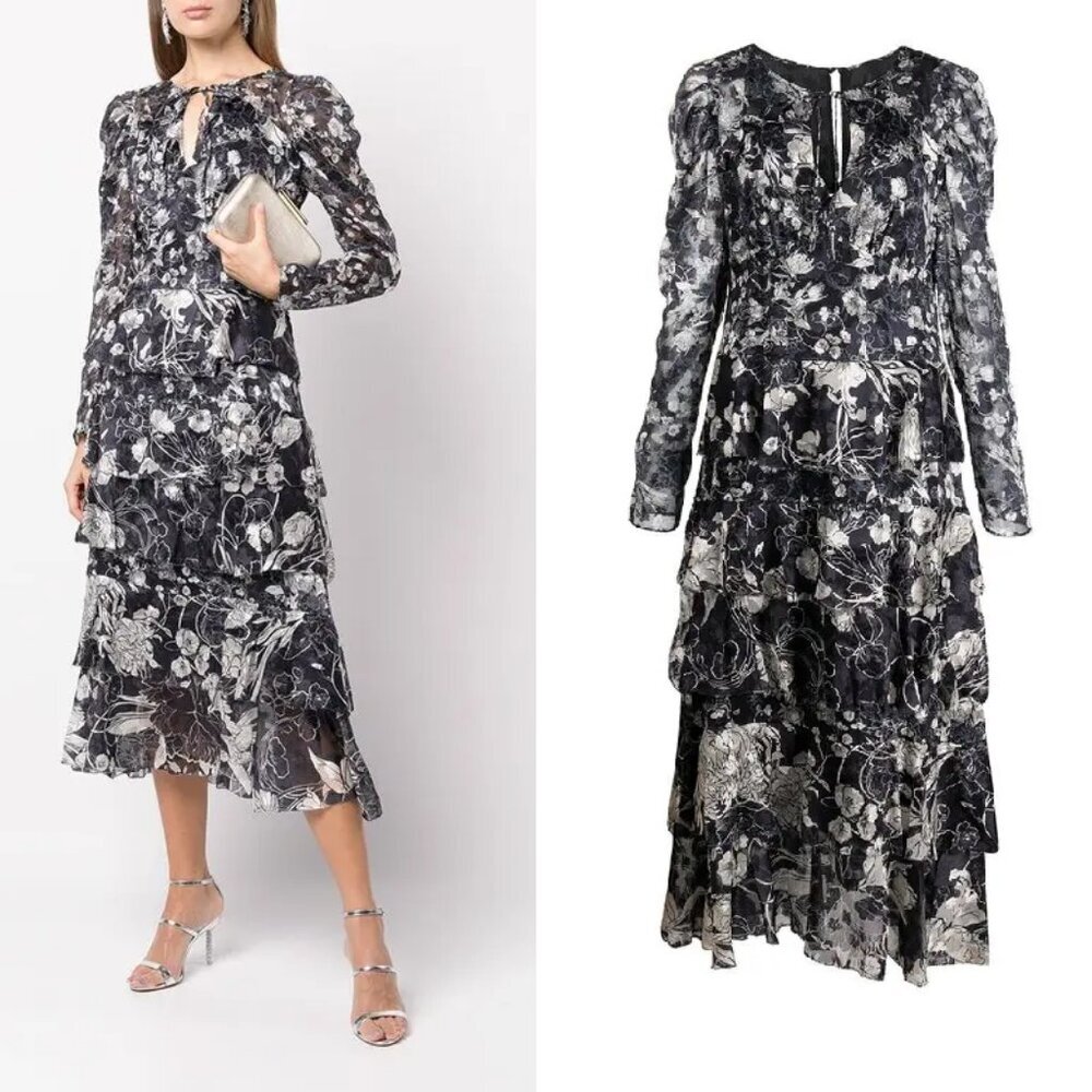 Marchesa Notte Floral-Print Tiered Midi Dress in Navy 14